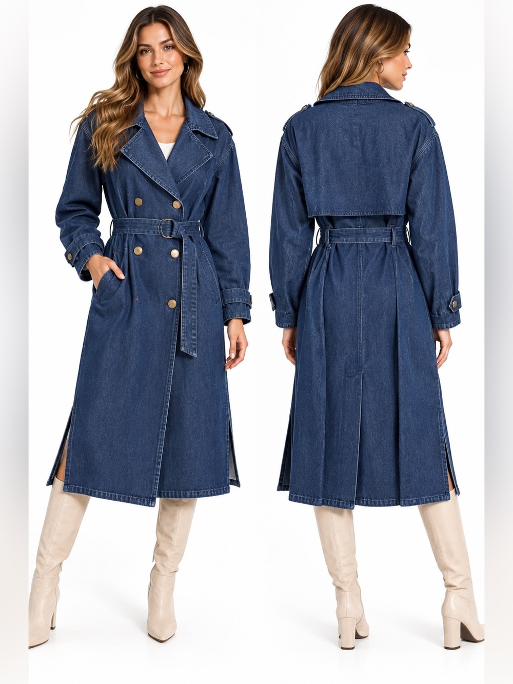 Dark Blue Denim Trench Coat Dress Women